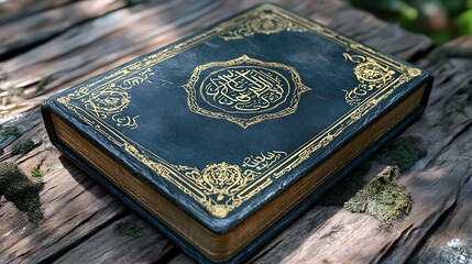 Fototapeta premium Aged book with intricate gold lettering on dark cover.