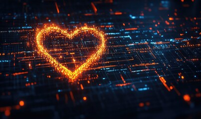 Digital heart symbol on a glowing circuit board