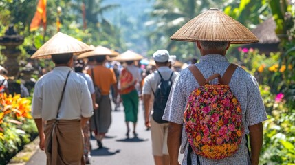 Balinese Pilgrimage: A serene procession through lush landscapes, capturing the essence of Balinese culture and spirituality.