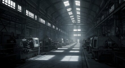 Abandoned Industrial Manufacturing Plant with Rows of Lathe Machines Bathed in Natural Light Through Skylights Creating an Eerie Atmosphere