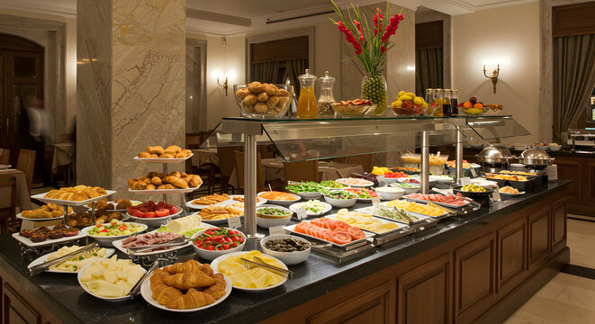 Elegant hotel breakfast buffet with a wide variety of gourmet options in a luxurious setting, showcasing abundance, freshness, and a premium morning dining experience for travelers and guests

