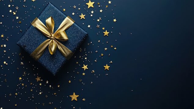 Navy blue gift box with gold ribbon and stars - Powered by Adobe