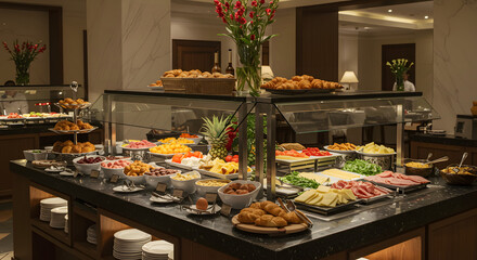 Elegant hotel breakfast buffet with a wide variety of gourmet options in a luxurious setting, showcasing abundance, freshness, and a premium morning dining experience for travelers and guests

