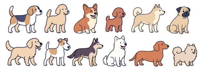 Cute Cartoon Dog Collection Featuring Various Breeds in Hand-Drawn Style.