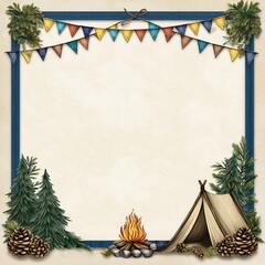 Blank Camping Frame with Tent, Campfire, and Bunting Banner