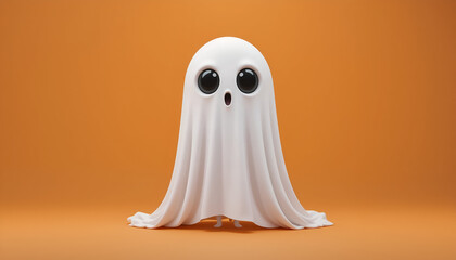 Cute Sitting Cartoon Ghost with Big Eyes on Orange Background

