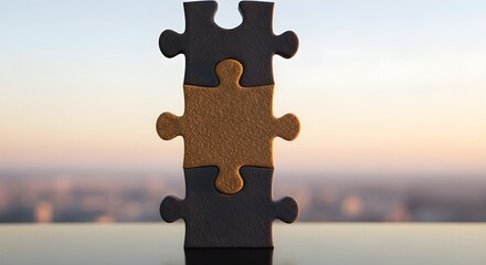 Three interlocking puzzle pieces form a vertical column against a blurry background of the sky and city