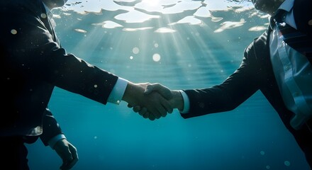 Two businessmen in suits shaking hands underwater with sunbeams shining through the water surface creating a surreal and symbolic business partnership concept