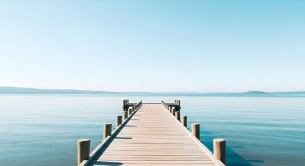 Obraz premium Serene Wooden Pier Extending Into Calm Ocean Waters Under a Bright Blue Sky