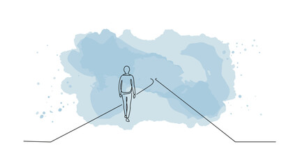 Gestalt psychology person walking infinite path – symbolizing ongoing self‑discovery and personal growth, abstract one line doodle watercolor vector illustration

