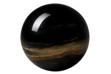 Glossy black orb with sleek golden lines, luminously reflecting against transparent surface, embodying modern minimalist design