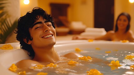 Relaxed young man enjoying a luxurious bath.
