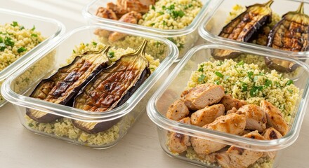 Healthy Meal Prep with Grilled Chicken, Roasted Eggplant, and Fluffy Couscous in Clear Containers for Easy Storage