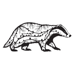 A European badger with a pattern of a sett and tree branches