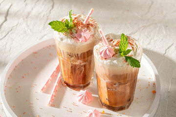 Cold and tasty ice coffee made with milk and espresso.