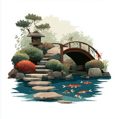Traditional Japanese Garden with Bridge and Koi Fish Flat Vector