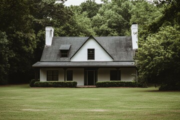 Obraz premium Historic country house surrounded by lush greenery in early afternoon light showcasing timeless architecture and serene landscape