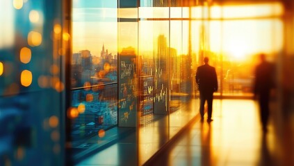 Sunrise cityscape view from a modern office hallway.  Blurred figures walk