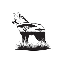 A maned wolf in grass with a savanna tree double exposure