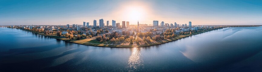 Fototapeta premium Panoramic cityscape at sunrise over a river