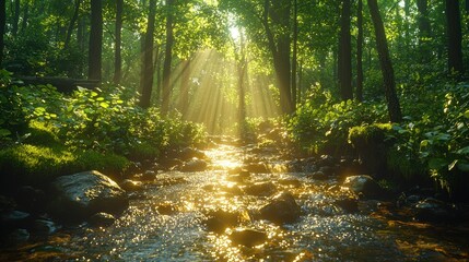 Obraz premium Sunlit Forest Stream: A Serene Nature Escape