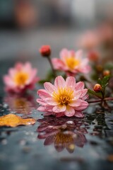 Pink Flowers with Water Droplets on Dark Background