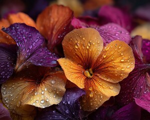 Close-Up of Dew-Covered Orange and Purple Pansies