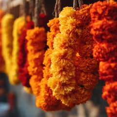 Vibrant Marigold Garlands Hanging at Market