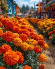 Vibrant Orange And Yellow Marigolds Blooming In Garden Path