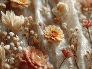 Dried Flowers on Lace:  Creamy Peach and Beige Floral Arrangement