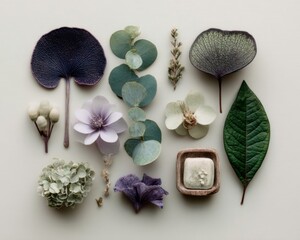 Floral Arrangement with Purple and Green Leaves on Neutral Background