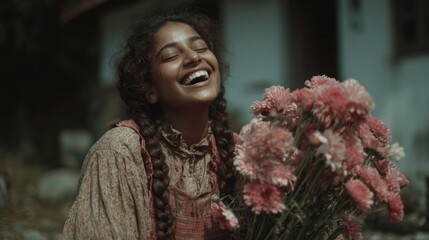 Happy Young Woman with Pink Flowers Outdoors