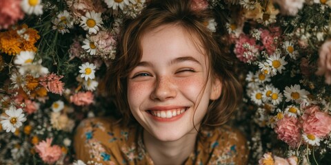 Smiling Girl Surrounded by Colorful Flowers