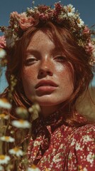 Close Up Portrait of a Freckled Redhead Woman Wearing a Flower Crown