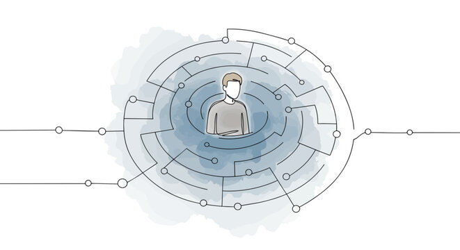Gestalt psychology labyrinth with figure inside – symbolizing inner journey and complexity of self, abstract one line doodle watercolor vector illustration

