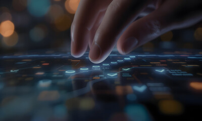 Hand touching glowing touchscreen interface