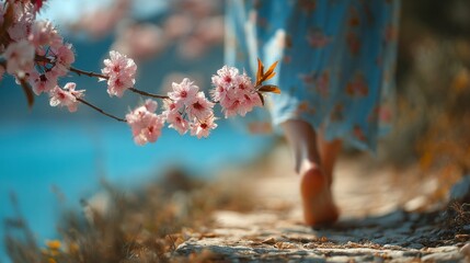 Woman in Blue Floral Dress Walking Barefoot on Path Near Pink Cherry Blossoms