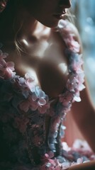 Closeup of Woman in Pastel Floral Corset Dress