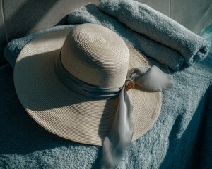 Beige Straw Hat with Blue Ribbon on Teal Towels