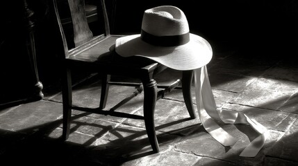 Straw Hat and Wooden Chair in Black and White