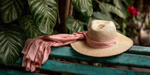 Beige Straw Hat and Pink Scarf on Teal Bench