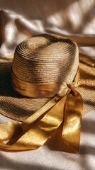 Gold Straw Hat with Golden Ribbon on Glittery Fabric