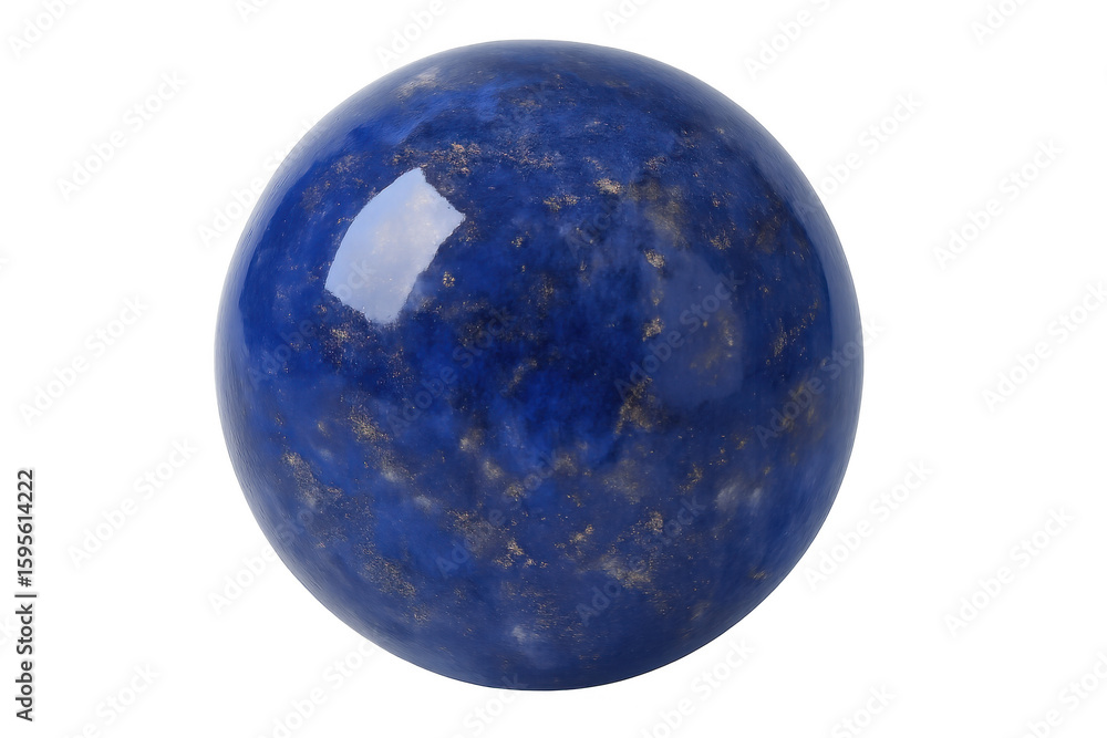 Poster shiny blue sphere of lapis lazuli with gold pyrite inclusions rotating on a transparent background