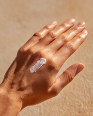 Closeup of a Hand with Sunscreen on a Sandy Beach