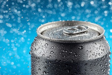 Close-up of a Condensation-Covered Aluminum Can Against a Blue Background