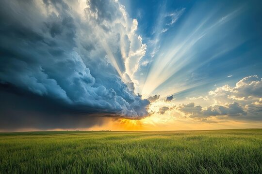 Dramatic sunset over a field, with a large storm cloud