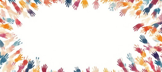 Multicolored handprints form a frame on a white background