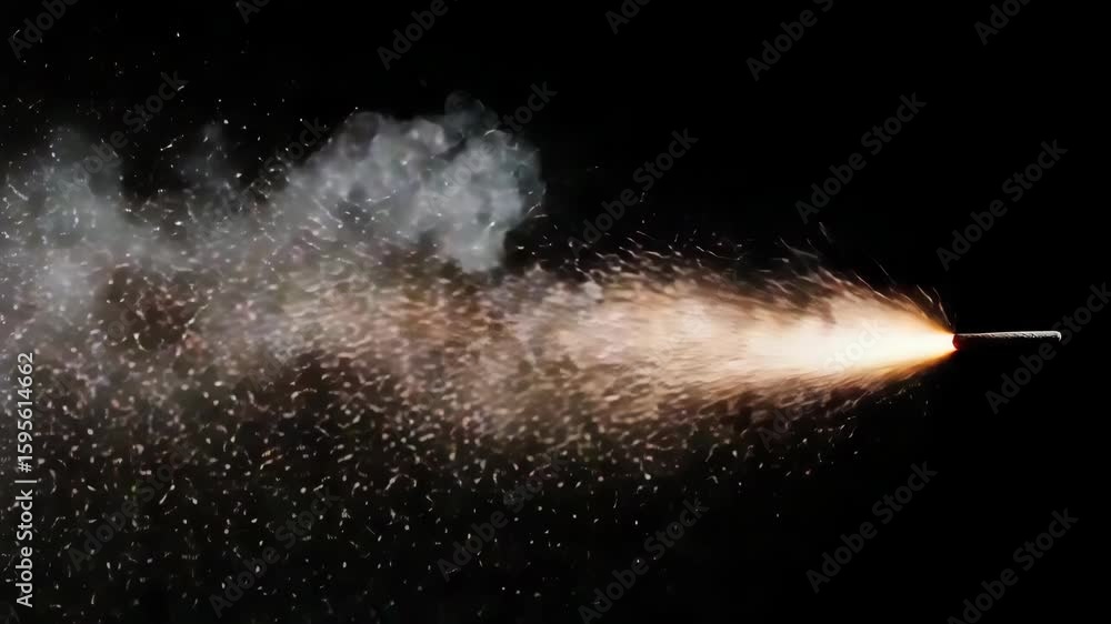 Poster Lit firework in motion, sparkling with bright light and trailing smoke dark sky