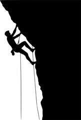 Silhouette of Rock climber scaling a steep cliff
