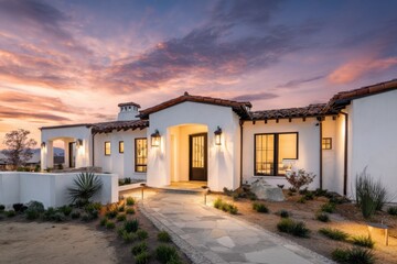Charming adobe-style home illuminated at dusk with vibrant sunset colors and landscaped garden in a serene desert setting